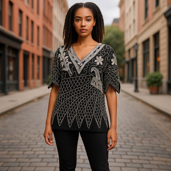 Shakti Tops - Vintage Shakti Shark Bite Beaded Top, M0578